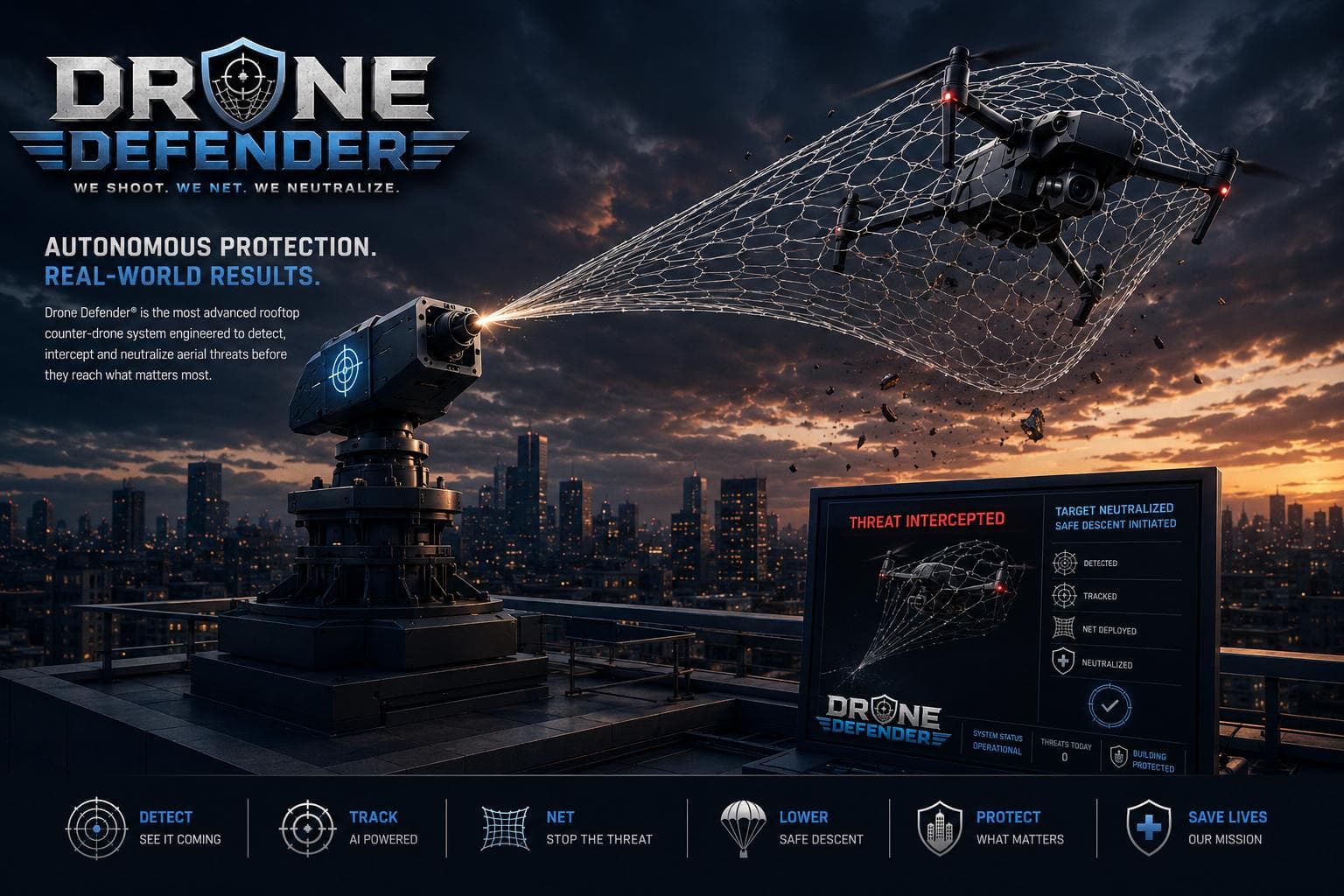 Concept render of a roof-mounted Drone Defender interception node deploying a net toward an unauthorized multirotor above a city skyline, with an operator display showing the event states alongside.