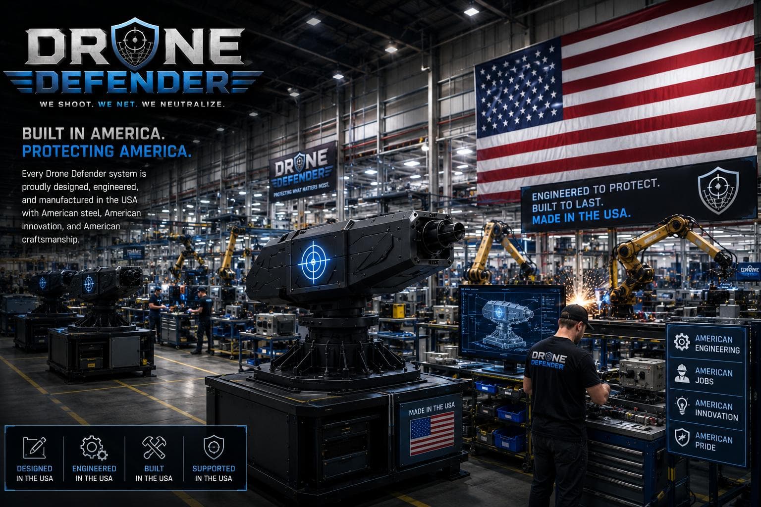 Drone Defender interception nodes on a US assembly floor, with machined housings on pallets, robotic cells, technicians at benches and an engineering workstation showing the assembly model.