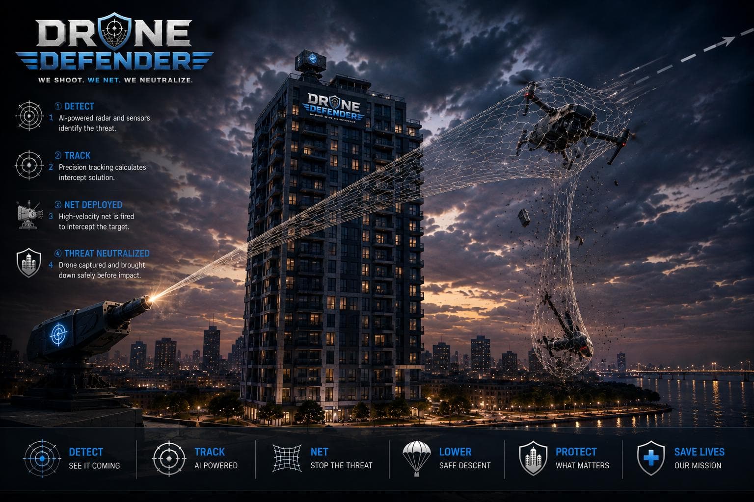 Concept render of a protected residential tower with the four working stages of an engagement annotated down the left side alongside a deployed net.
